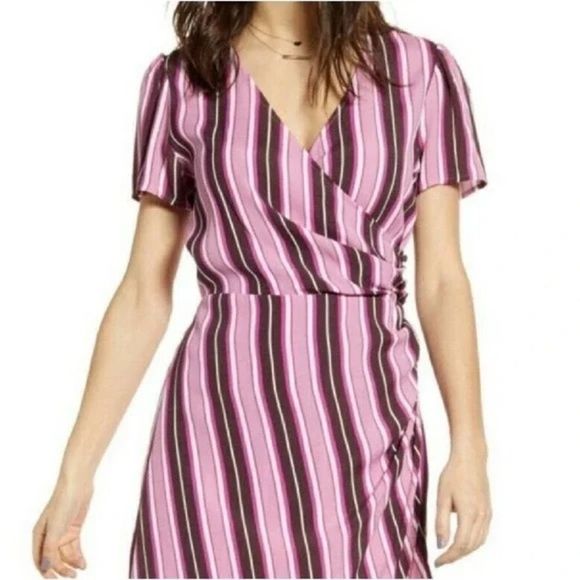 Leith multicolor print striped short sleeve V neck pink purple dress Sz Small - Picture 4 of 10